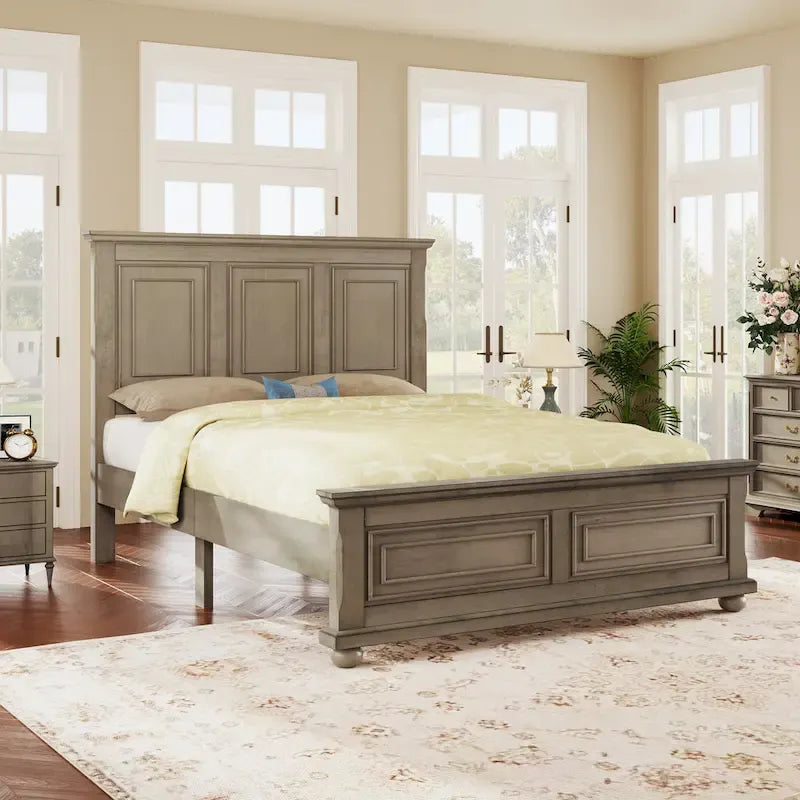 Wood Bed Frame with Headboard & Footboard | Brown / White / Stone Gray | Twin / Full / Queen