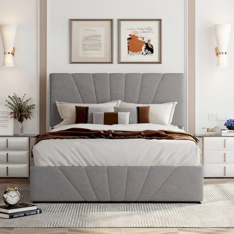 Lit plateforme rembourré en lin gris/beige avec rangement hydraulique – Grand lit/Très grand lit, 2 personnes