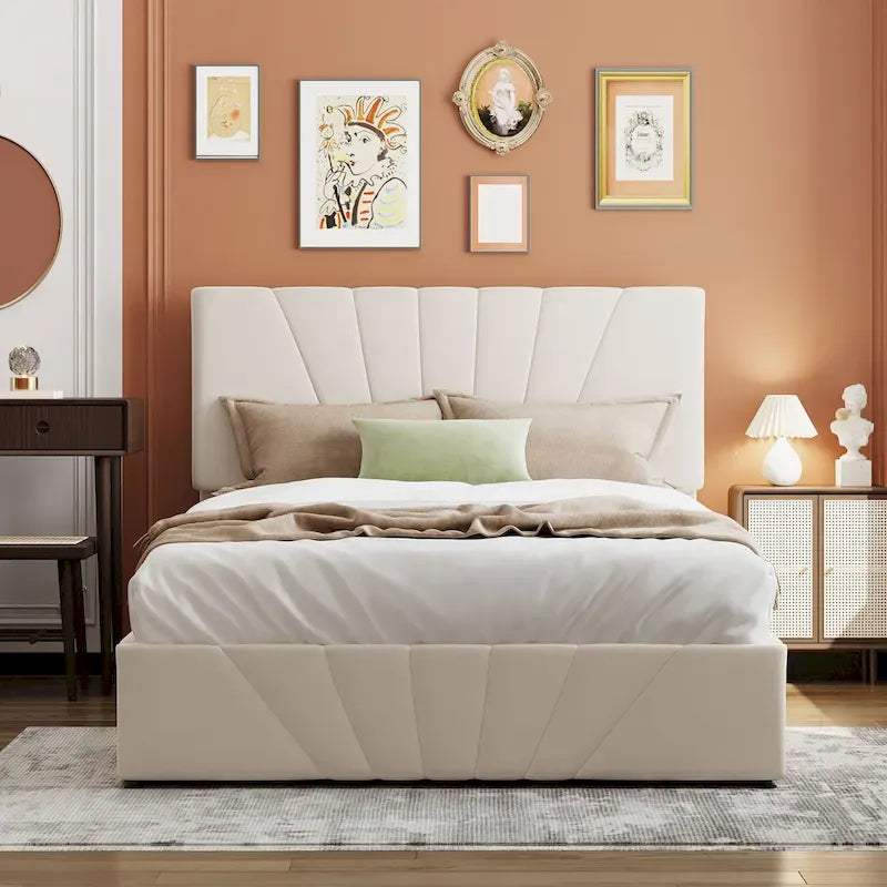 Grey/Beige Linen Upholstered Platform Bed with Hydraulic Storage – Full/Queen, 2-Person