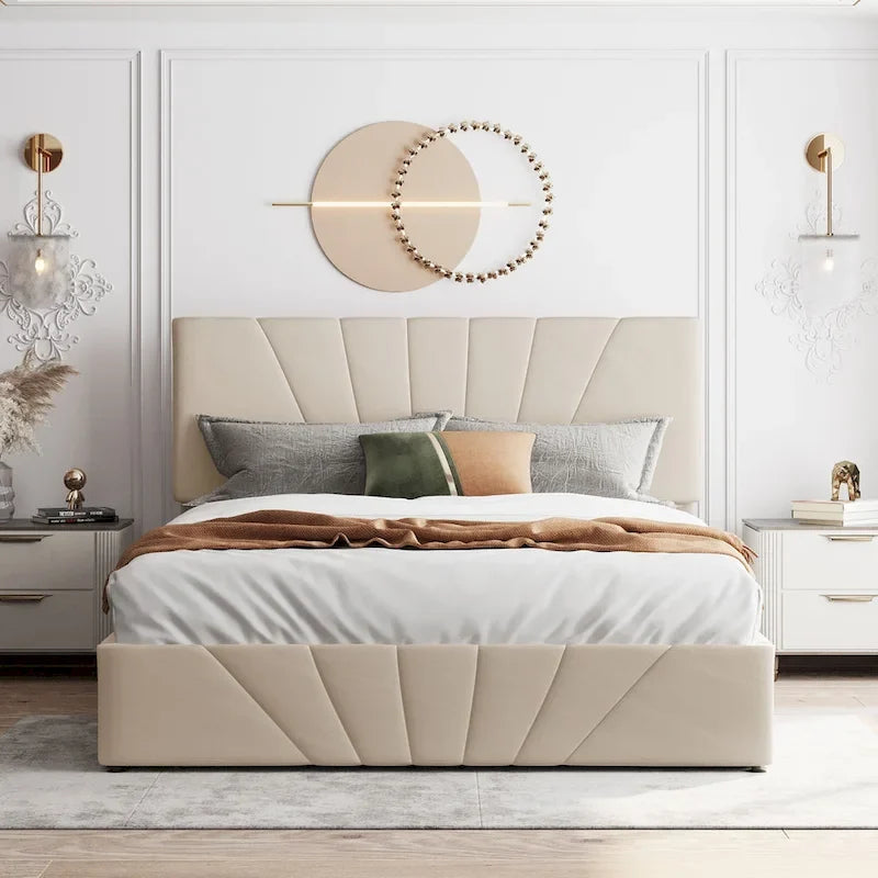 Lit plateforme rembourré en lin gris/beige avec rangement hydraulique – Grand lit/Très grand lit, 2 personnes
