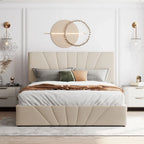 Lit plateforme rembourré en lin gris/beige avec rangement hydraulique – Grand lit/Très grand lit, 2 personnes