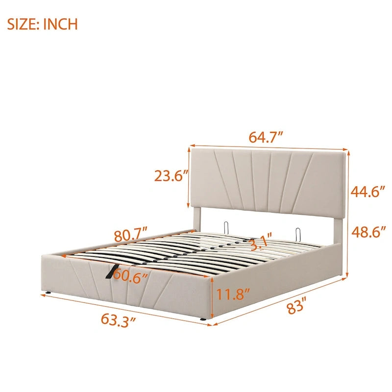 Lit plateforme rembourré en lin gris/beige avec rangement hydraulique – Grand lit/Très grand lit, 2 personnes