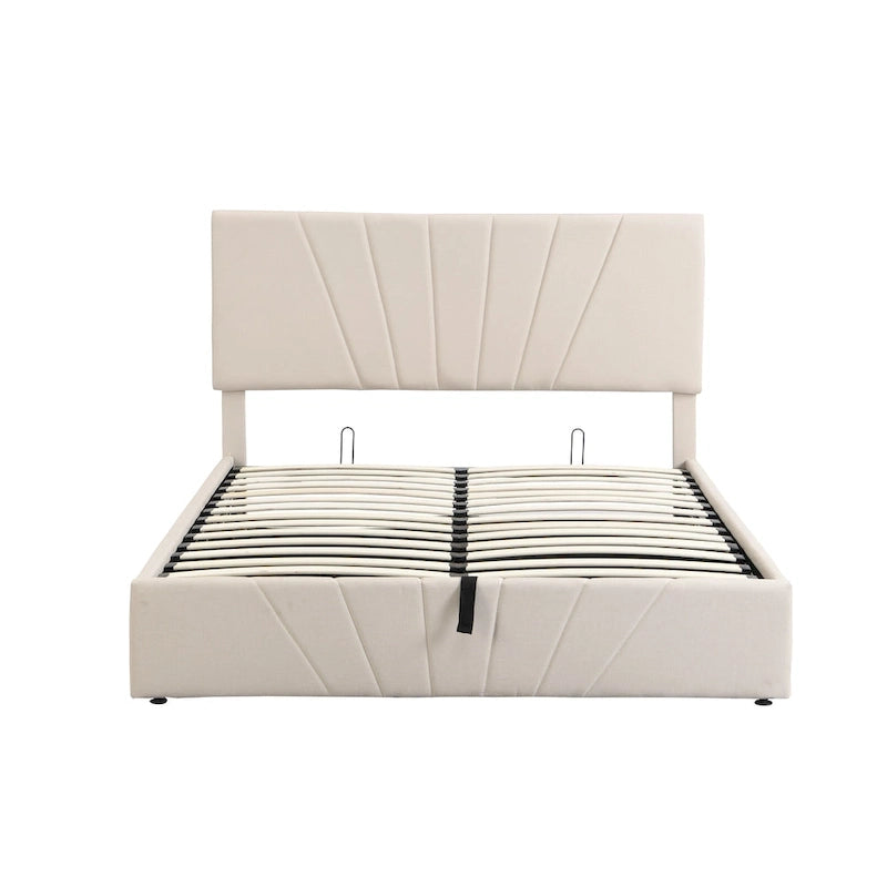 Lit plateforme rembourré en lin gris/beige avec rangement hydraulique – Grand lit/Très grand lit, 2 personnes