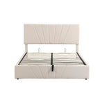 Lit plateforme rembourré en lin gris/beige avec rangement hydraulique – Grand lit/Très grand lit, 2 personnes