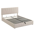 Lit plateforme rembourré en lin gris/beige avec rangement hydraulique – Grand lit/Très grand lit, 2 personnes