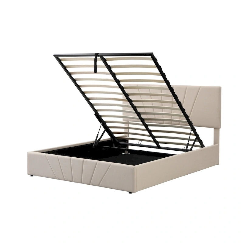 Lit plateforme rembourré en lin gris/beige avec rangement hydraulique – Grand lit/Très grand lit, 2 personnes
