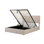 Lit plateforme rembourré en lin gris/beige avec rangement hydraulique – Grand lit/Très grand lit, 2 personnes
