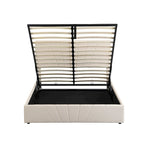 Lit plateforme rembourré en lin gris/beige avec rangement hydraulique – Grand lit/Très grand lit, 2 personnes