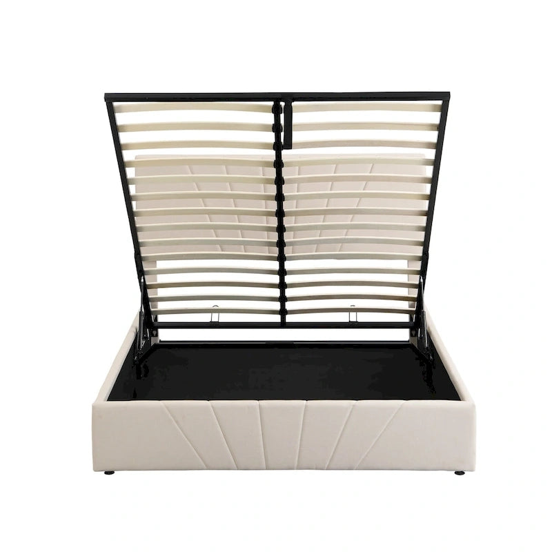 Lit plateforme rembourré en lin gris/beige avec rangement hydraulique – Grand lit/Très grand lit, 2 personnes