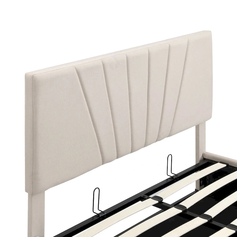 Lit plateforme rembourré en lin gris/beige avec rangement hydraulique – Grand lit/Très grand lit, 2 personnes