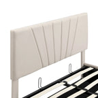 Lit plateforme rembourré en lin gris/beige avec rangement hydraulique – Grand lit/Très grand lit, 2 personnes