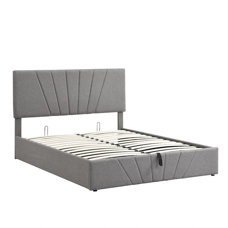 Lit plateforme rembourré en lin gris/beige avec rangement hydraulique – Grand lit/Très grand lit, 2 personnes
