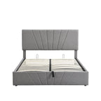 Lit plateforme rembourré en lin gris/beige avec rangement hydraulique – Grand lit/Très grand lit, 2 personnes