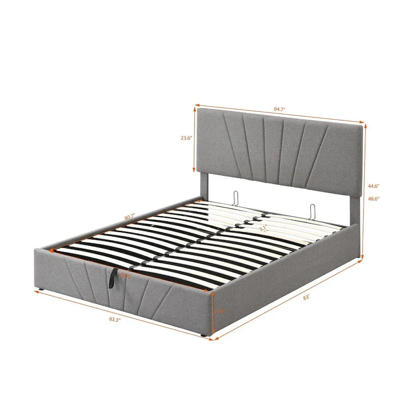 Lit plateforme rembourré en lin gris/beige avec rangement hydraulique – Grand lit/Très grand lit, 2 personnes