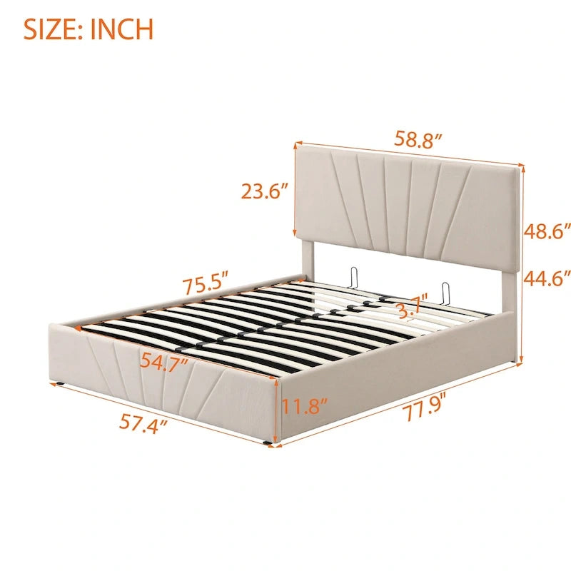 Lit plateforme rembourré en lin gris/beige avec rangement hydraulique – Grand lit/Très grand lit, 2 personnes
