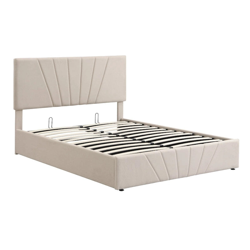 Lit plateforme rembourré en lin gris/beige avec rangement hydraulique – Grand lit/Très grand lit, 2 personnes