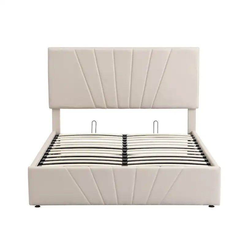 Lit plateforme rembourré en lin gris/beige avec rangement hydraulique – Grand lit/Très grand lit, 2 personnes