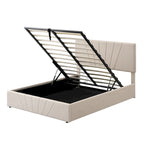 Lit plateforme rembourré en lin gris/beige avec rangement hydraulique – Grand lit/Très grand lit, 2 personnes