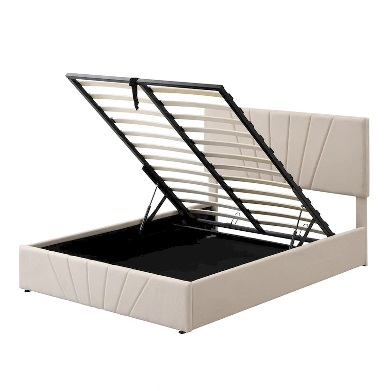 Lit plateforme rembourré en lin gris/beige avec rangement hydraulique – Grand lit/Très grand lit, 2 personnes
