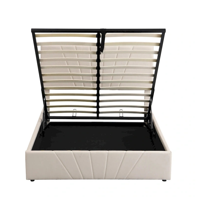 Lit plateforme rembourré en lin gris/beige avec rangement hydraulique – Grand lit/Très grand lit, 2 personnes