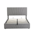 Lit plateforme rembourré en lin gris/beige avec rangement hydraulique – Grand lit/Très grand lit, 2 personnes