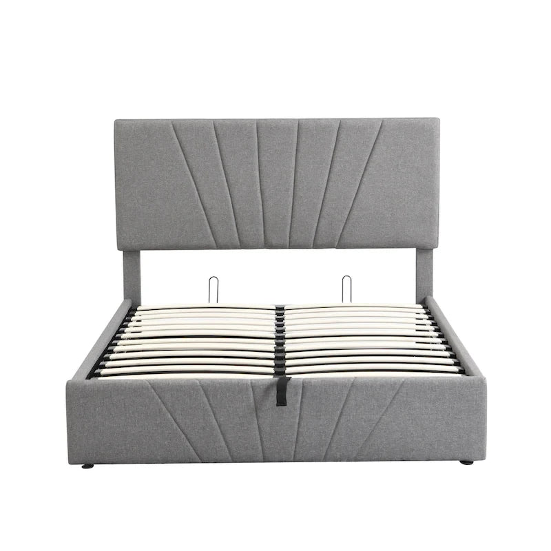 Lit plateforme rembourré en lin gris/beige avec rangement hydraulique – Grand lit/Très grand lit, 2 personnes