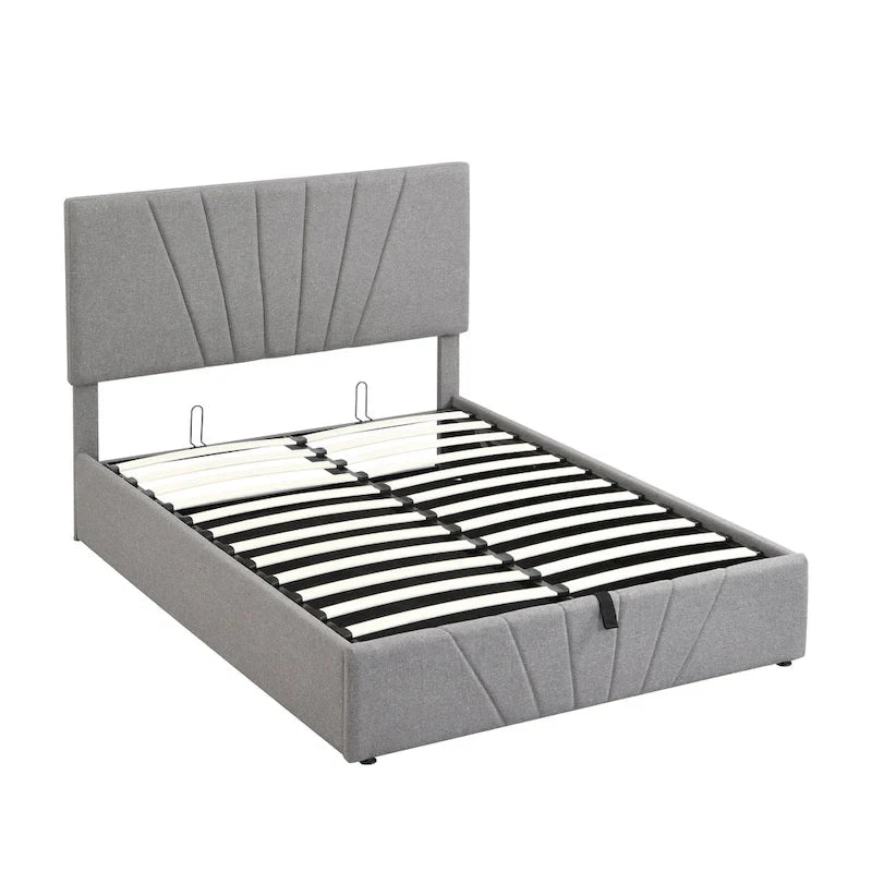 Lit plateforme rembourré en lin gris/beige avec rangement hydraulique – Grand lit/Très grand lit, 2 personnes