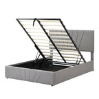 Lit plateforme rembourré en lin gris/beige avec rangement hydraulique – Grand lit/Très grand lit, 2 personnes