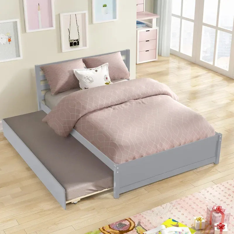 Cadre de lit plateforme en bois pleine grandeur Nestfair avec tête de lit et lit gigogne double pour couleur grise