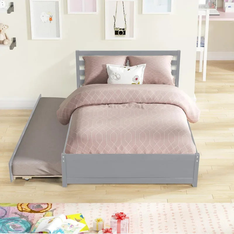 Cadre de lit plateforme en bois pleine grandeur Nestfair avec tête de lit et lit gigogne double pour couleur grise