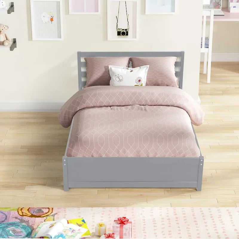 Cadre de lit plateforme en bois pleine grandeur Nestfair avec tête de lit et lit gigogne double pour couleur grise