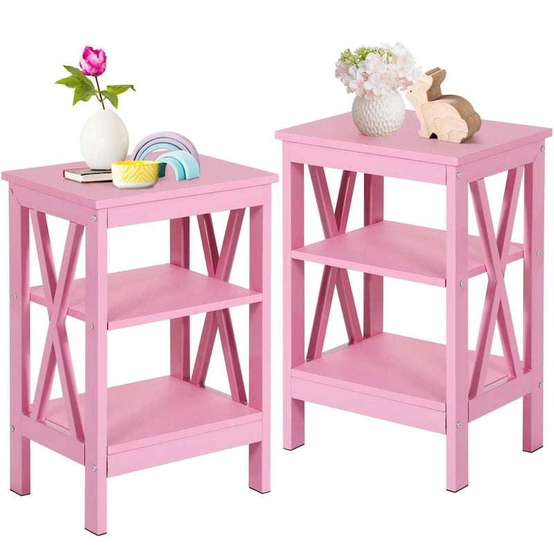 Set of 2 Nightstands, Multi-Color, X-Frame 3-Tier Open Shelf Bedside Table