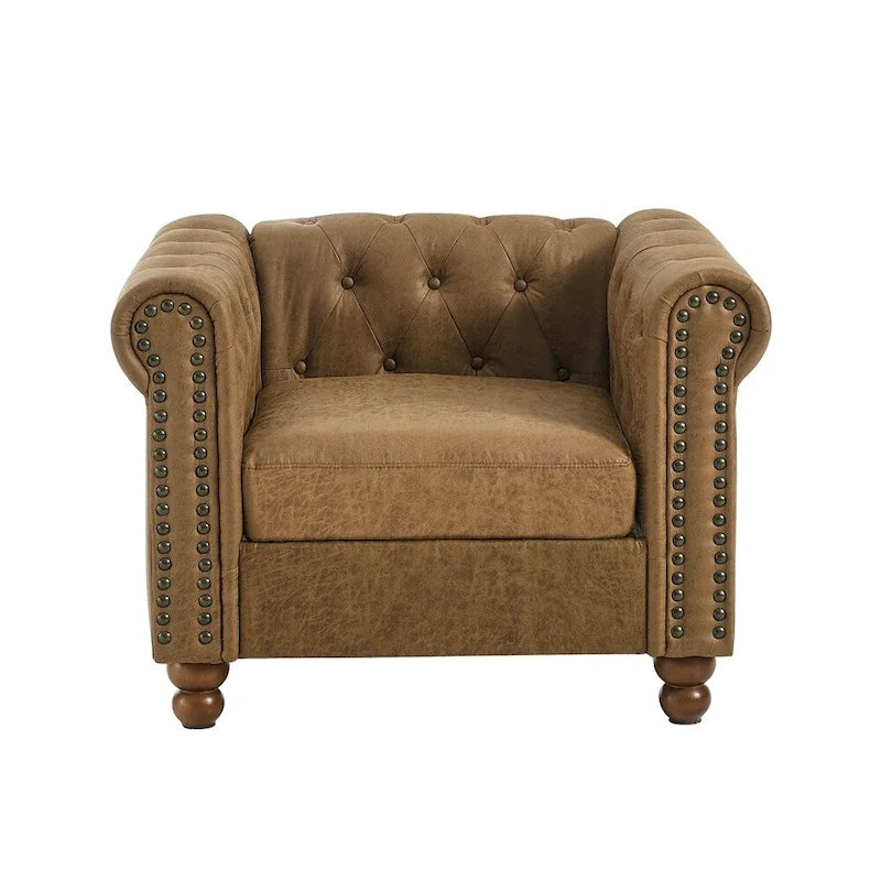 Brown Tufted Fabric Sofa, 3-Seater