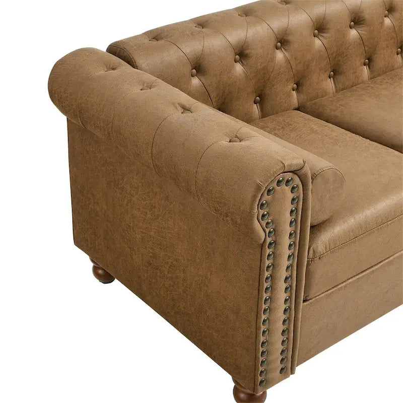 Brown Tufted Fabric Sofa, 3-Seater