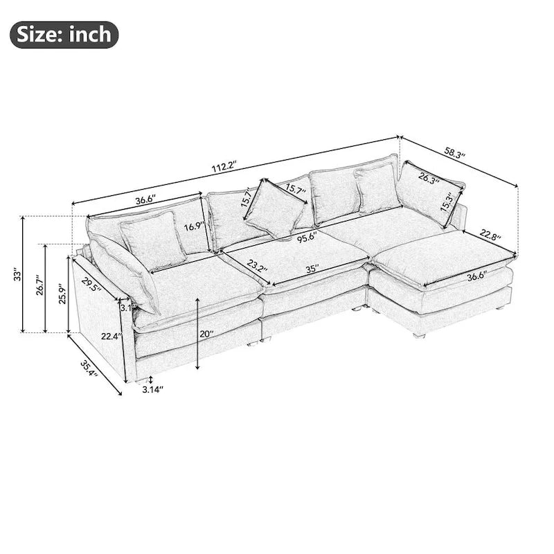 Canapé d'angle en chenille 112,2 po avec ottomane, pour salon, style moderne de luxe
