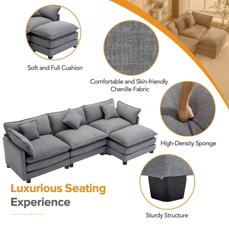 Canapé d'angle en chenille 112,2 po avec ottomane, pour salon, style moderne de luxe