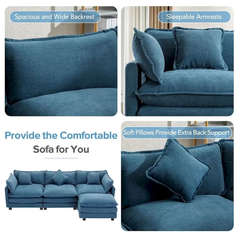 Canapé d'angle en chenille 112,2 po avec ottomane, pour salon, style moderne de luxe