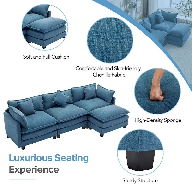 Canapé d'angle en chenille 112,2 po avec ottomane, pour salon, style moderne de luxe
