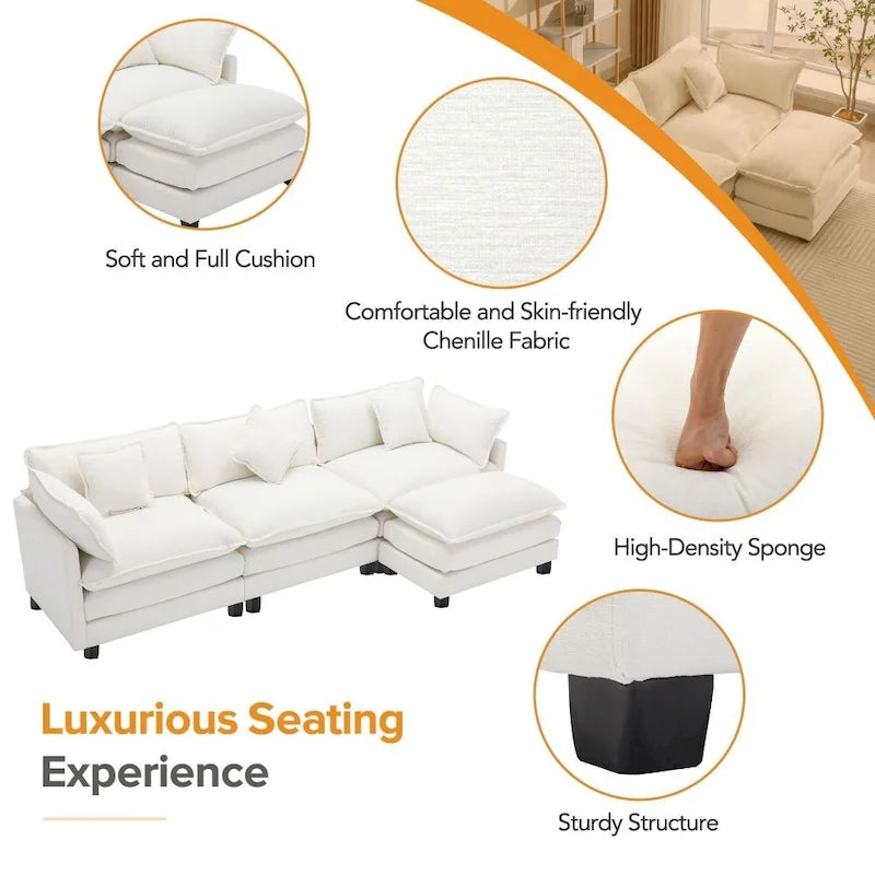 Canapé d'angle en chenille 112,2 po avec ottomane, pour salon, style moderne de luxe