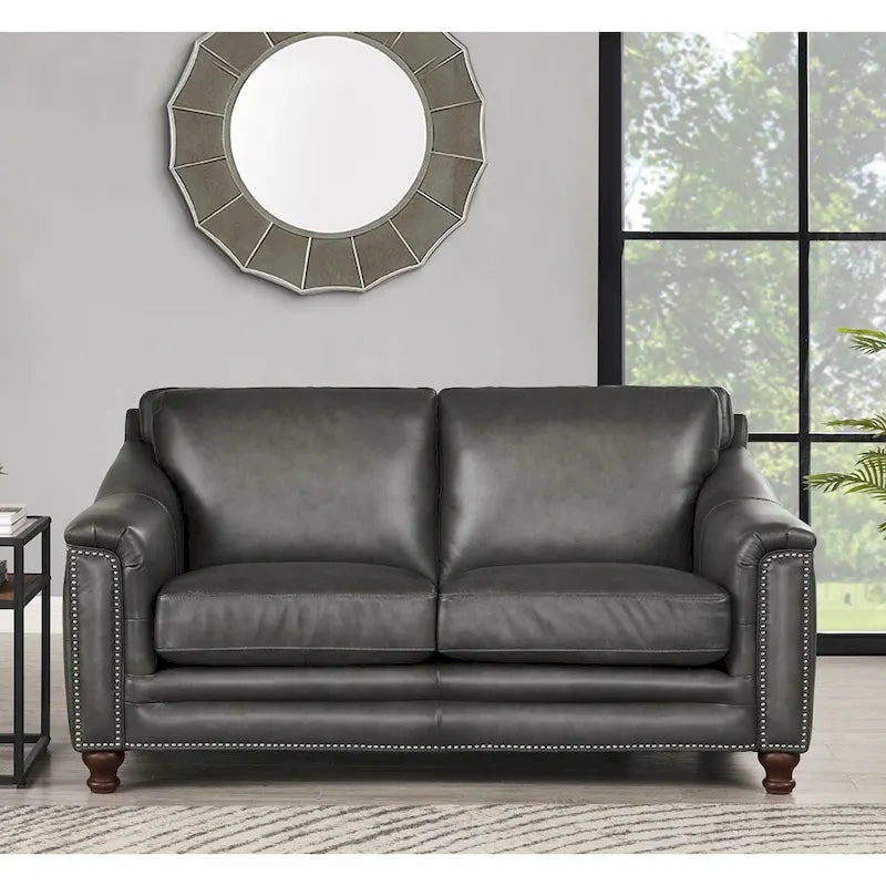 Ash Gray / Caramel Brown Top-Grain Leather Loveseat, 2-Seat, Tufted with Nail Head Trim
