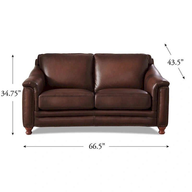 Causeuse en cuir pleine fleur gris cendré / marron caramel, 2 places, capitonnée avec garniture cloutée