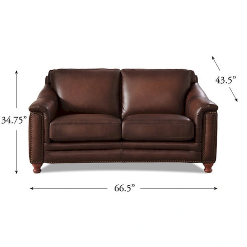 Causeuse en cuir pleine fleur gris cendré / marron caramel, 2 places, capitonnée avec garniture cloutée