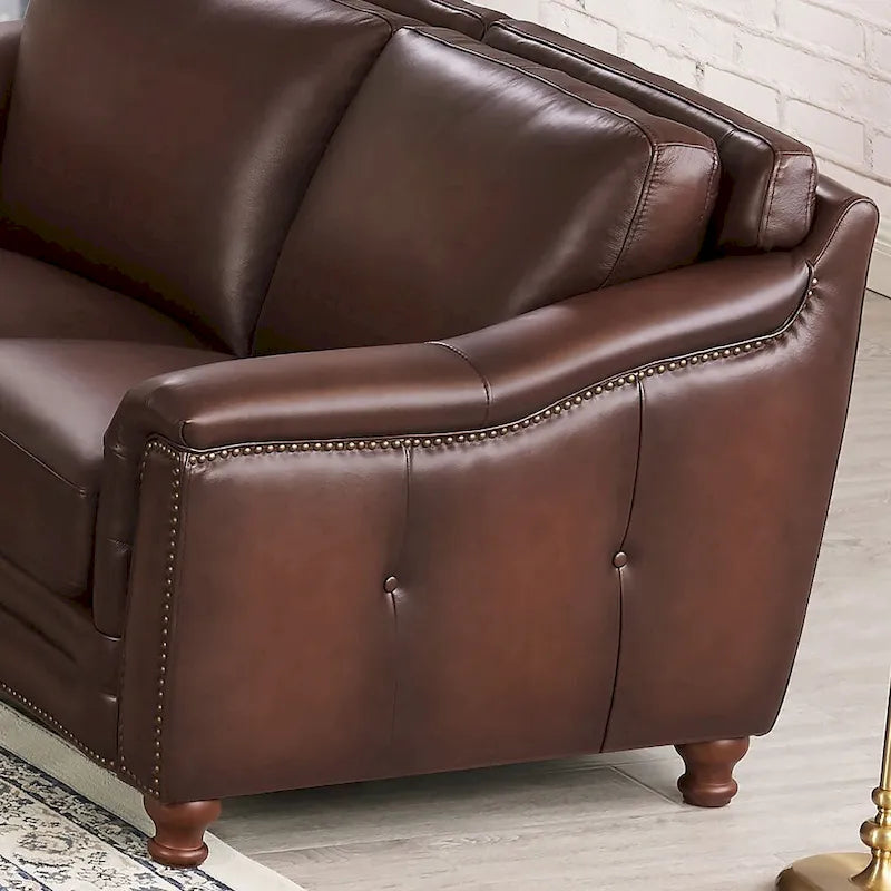 Causeuse en cuir pleine fleur gris cendré / marron caramel, 2 places, capitonnée avec garniture cloutée