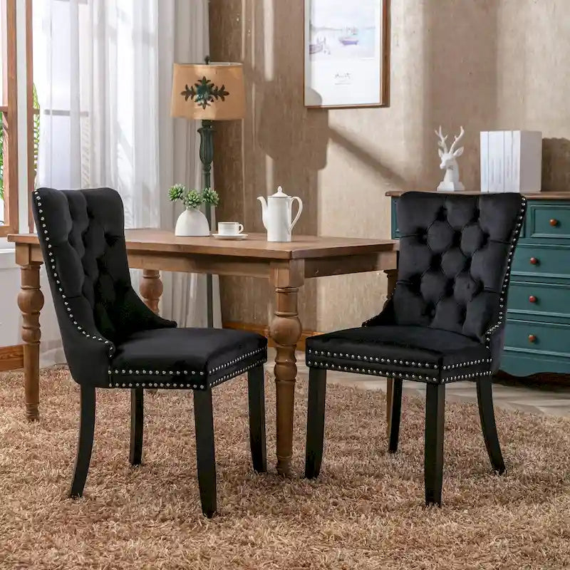 Chaises de salle à manger contemporaines haut de gamme rembourrées en velours touffeté en bois massif avec pieds en bois, garniture de clous de tapissier, lot de 2, doré