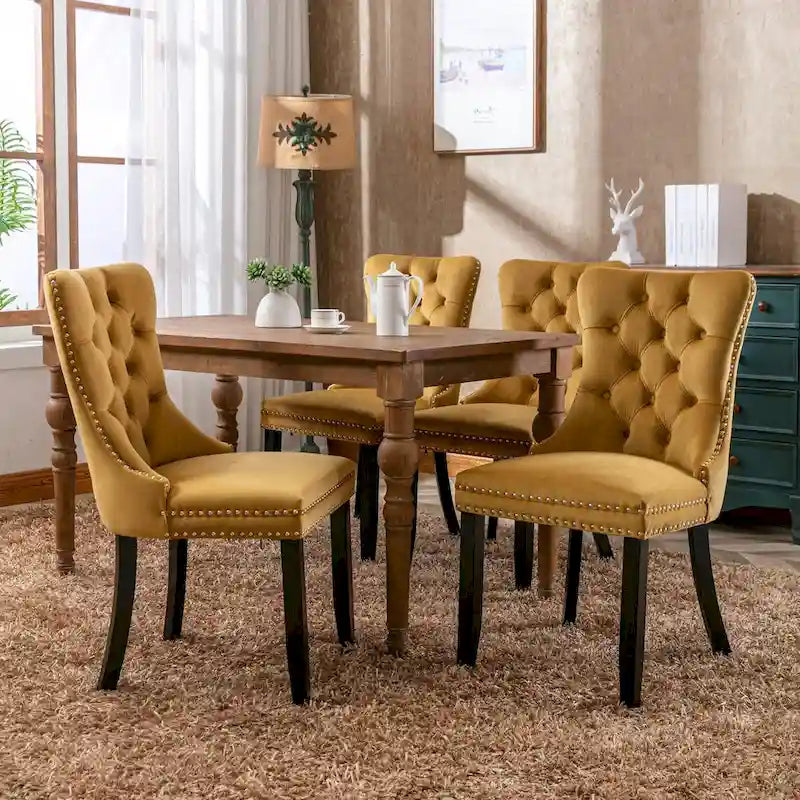 High-end Tufted Solid Wood Contemporary Velvet Upholstered Dining Chair with Wood Legs Nailhead Trim 2-Pcs Set,Gloden