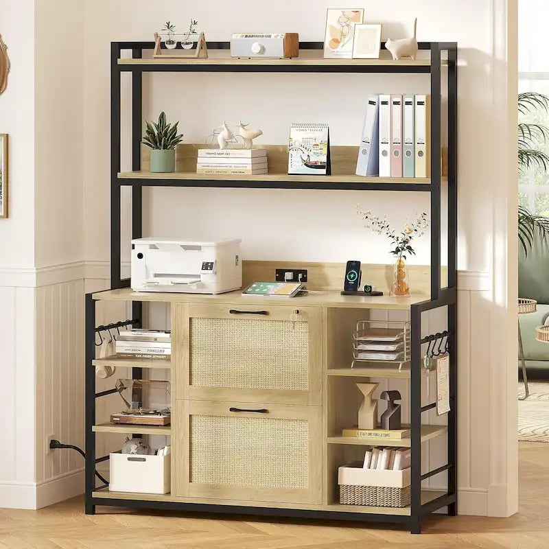 Natural / Black / Brown 6-Layer Vertical File Cabinet with Lock & Charging Station, 1–2 Person