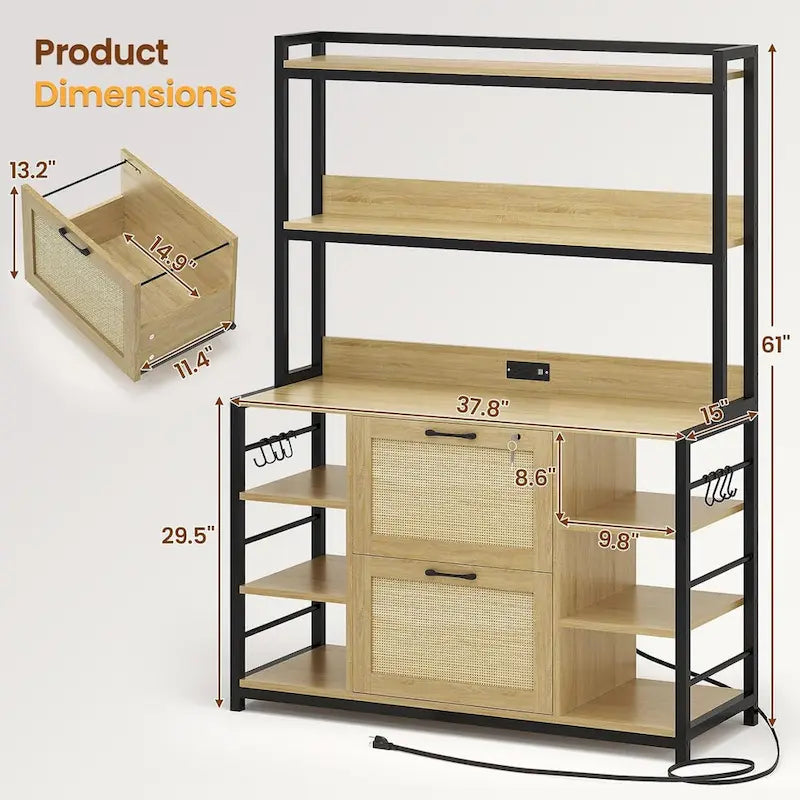 Natural / Black / Brown 6-Layer Vertical File Cabinet with Lock & Charging Station, 1–2 Person