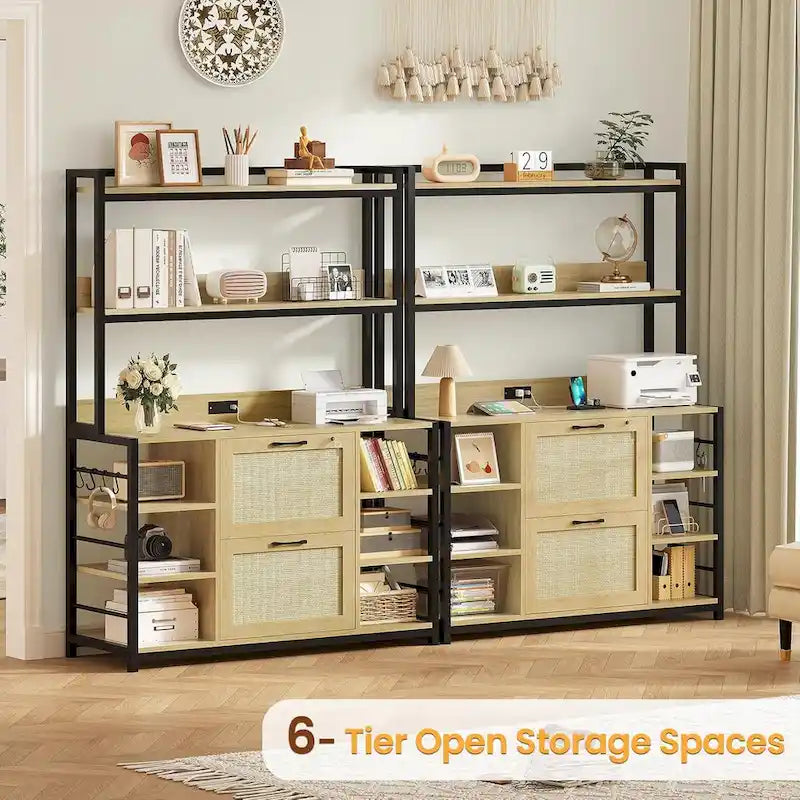 Natural / Black / Brown 6-Layer Vertical File Cabinet with Lock & Charging Station, 1–2 Person