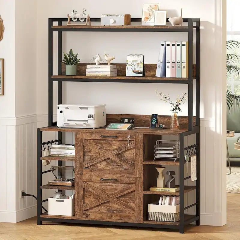 Natural / Black / Brown 6-Layer Vertical File Cabinet with Lock & Charging Station, 1–2 Person