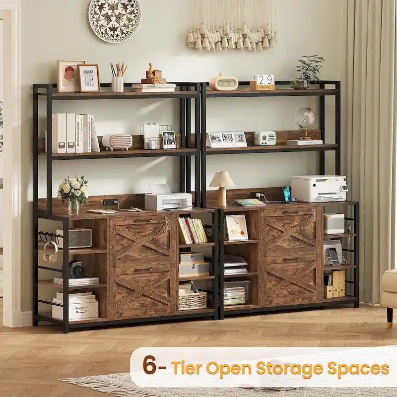 Natural / Black / Brown 6-Layer Vertical File Cabinet with Lock & Charging Station, 1–2 Person